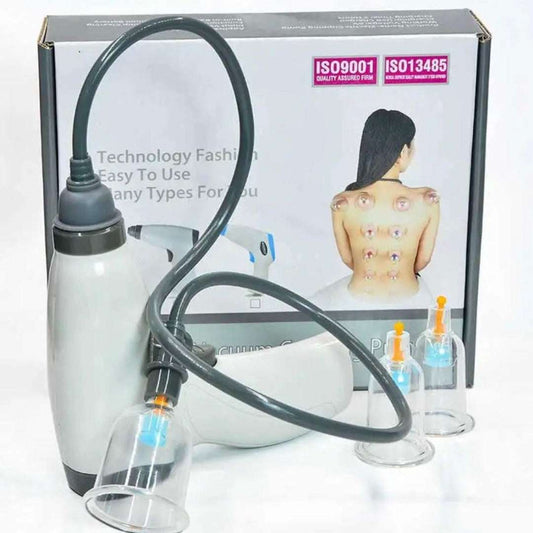 Electric Hijama Cupping Pump handheld suction device with transparent cupping cups and flexible black tubing against packaging box with body cupping illustration