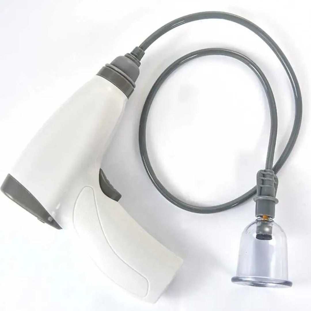 Electric Hijama Cupping Pump in white and gray handheld design with attached transparent suction cup and flexible tube