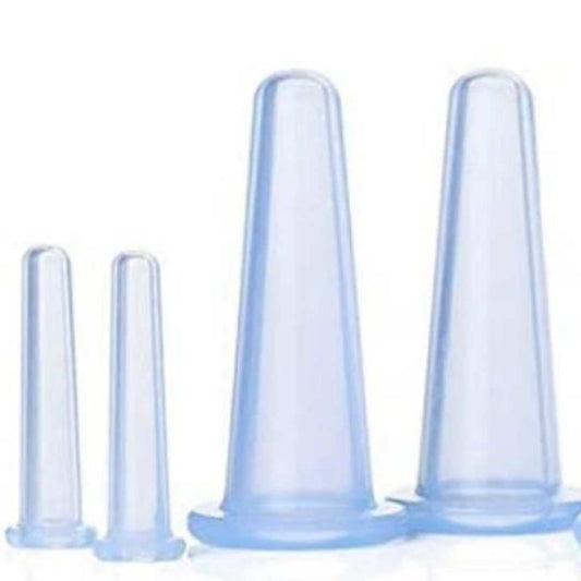 Blue Silicone Facial Cups set of two large and two small translucent reusable silicone skin care suction cups