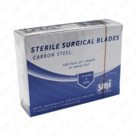 SMI Surgical Blades sterile carbon steel size 11 box containing 100 individually foil-wrapped blades in metal foil packaging